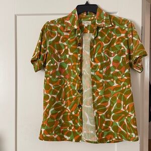 Green and Orange Dove Pattern Button Down Shirt